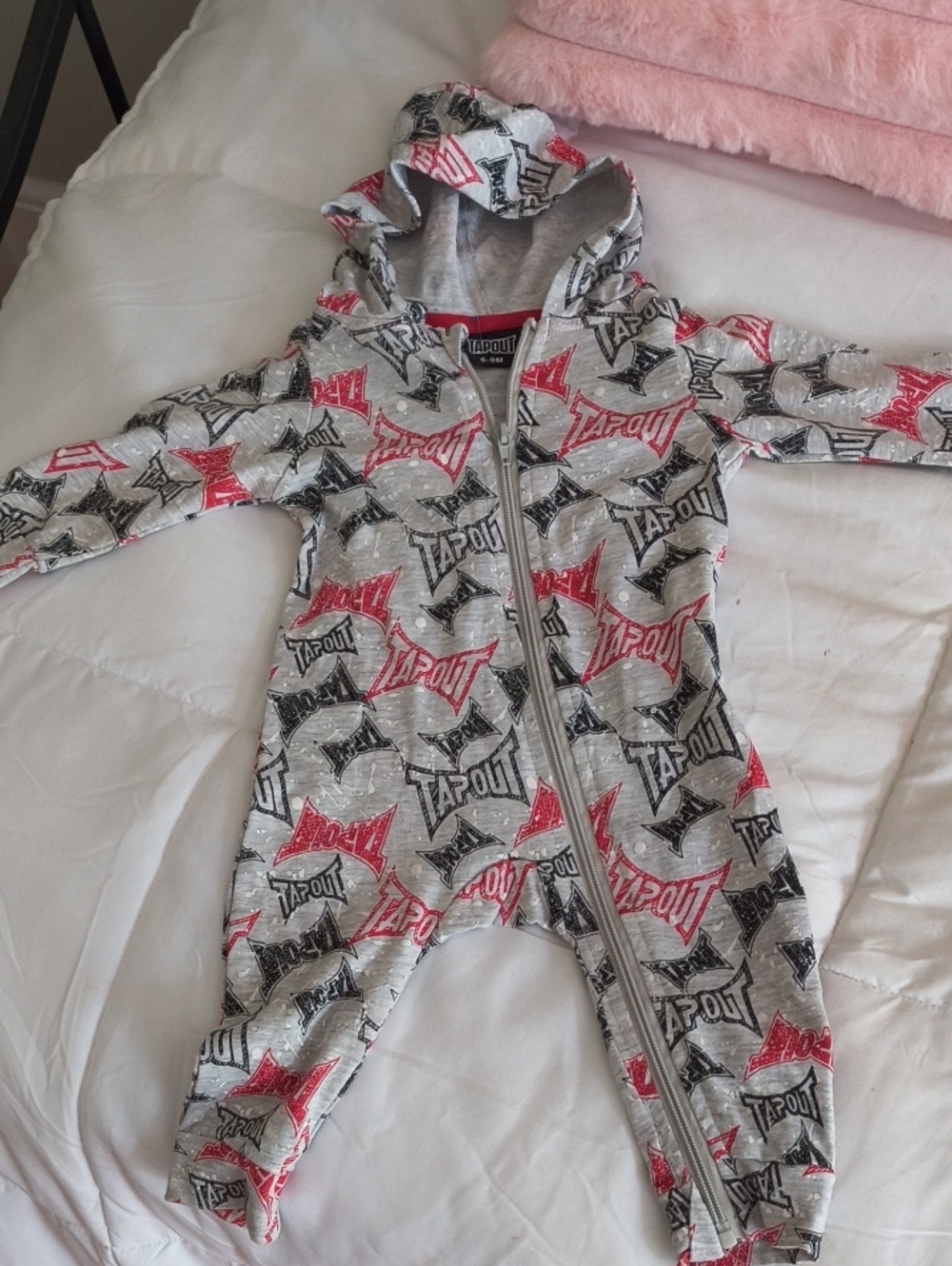 Tapout Infant's Grey Hooded Footie One-Piece with Red & Black Logo Pattern